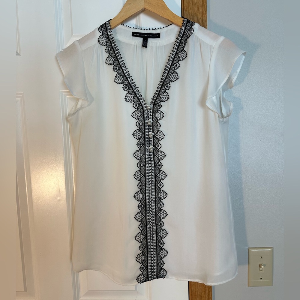 White House Black Market Lace-Trim Flutter Sleeve Blouse